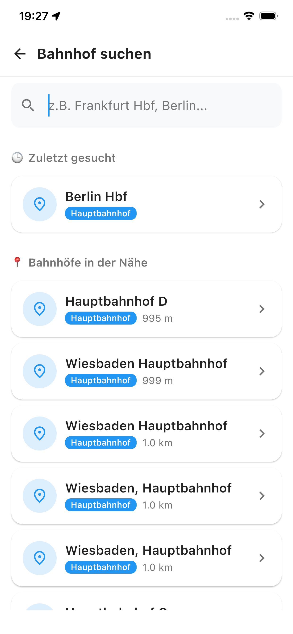 NapGo Suche: Bahnhof suchen, mit zuletzt gesuchten und nahegelegenen Bahnhöfen.