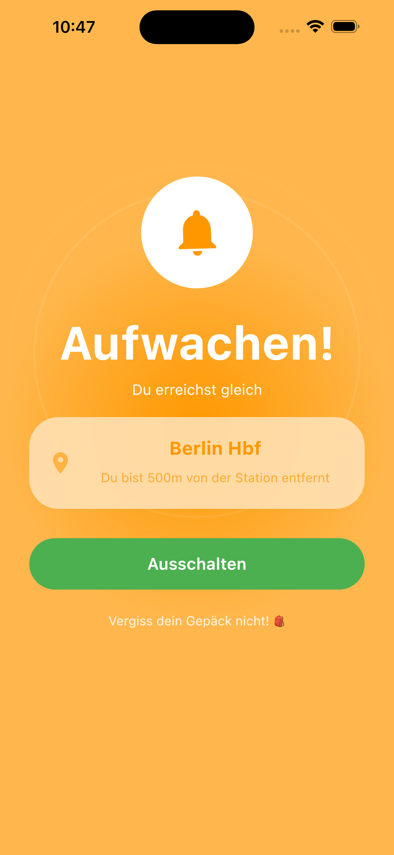 NapGo Weck-Screen: Aufwachen! Du erreichst gleich Berlin Hbf – du bist 500 m von der Station entfernt.