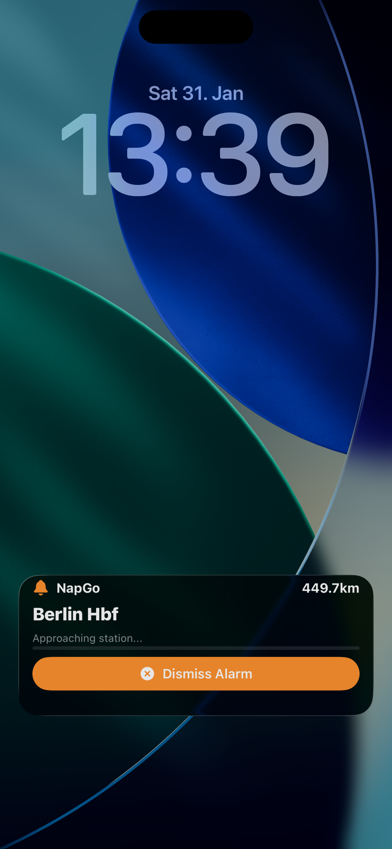 NapGo Sperrbildschirm-Benachrichtigung: Berlin Hbf, Approaching station, Dismiss Alarm.